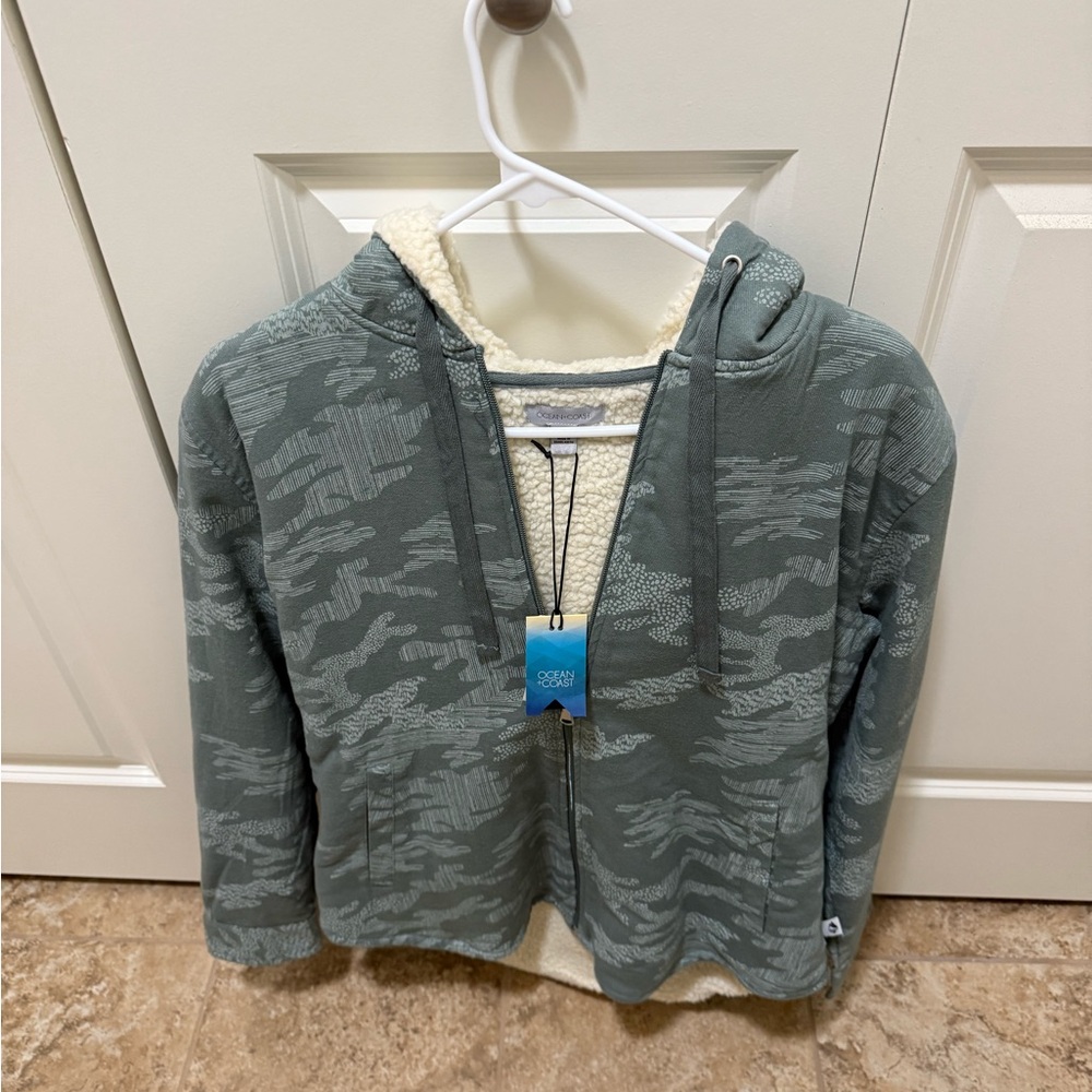 NWT Ocean+Coast Sherpa-Lined Shacket Hoodie Olive Camo - Size S